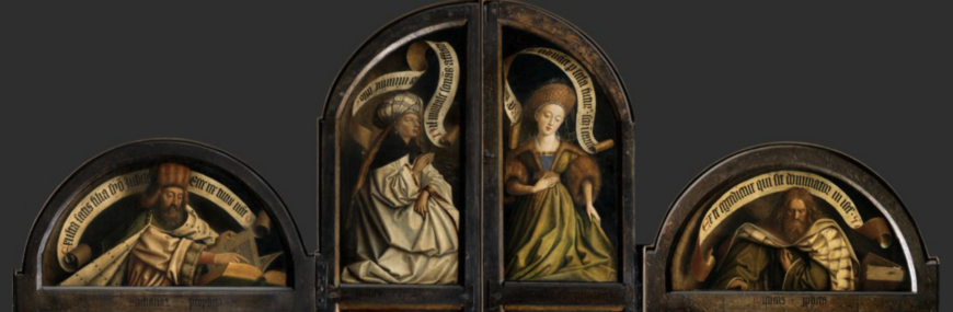 From left to right: the Old Testament prophet Zacharias, father of John the Baptist, the Erythraean and Cumaean Sibyls, and the Old Testament prophet Micah (detail), Adoration of the Mystic Lamb, bottom center panel, Jan van Eyck, Ghent Altarpiece (closed), completed 1432, oil on wood, 11 feet 5 inches x 7 feet 6 inches (closed), Saint Bavo Cathedral, Ghent, Belgium (photo: Closer to Van Eyck)